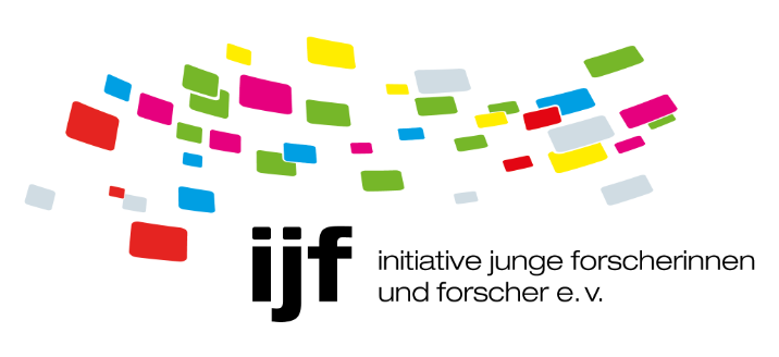 Logo der Initiative junge Forscherinnen und Forscher e. V. (ijf). Farbige Rechtecke in Rot, Blau, Gelb und Grün fliegen über dem schwarzen Schriftzug.