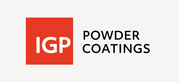 IGP Powder Coatings-Logo mit rotem Quadrat und weisser 'IGP'-Schrift links sowie schwarzem Schriftzug 'Powder Coatings' rechts daneben.